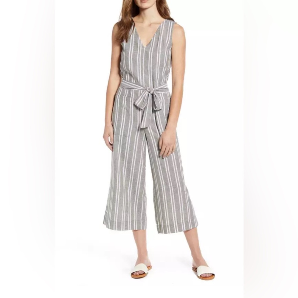 NWT BEACHLUNCHLOUNGE Lennon Tie Waist Linen & Cotton Jumpsuit L